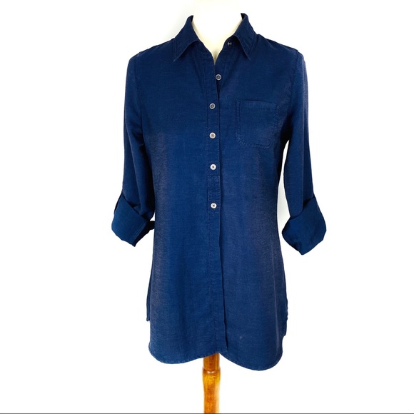 Chico’s Adjustable Sleeve Tunic Long Line Navy Blue Blouse Small - Picture 5 of 8